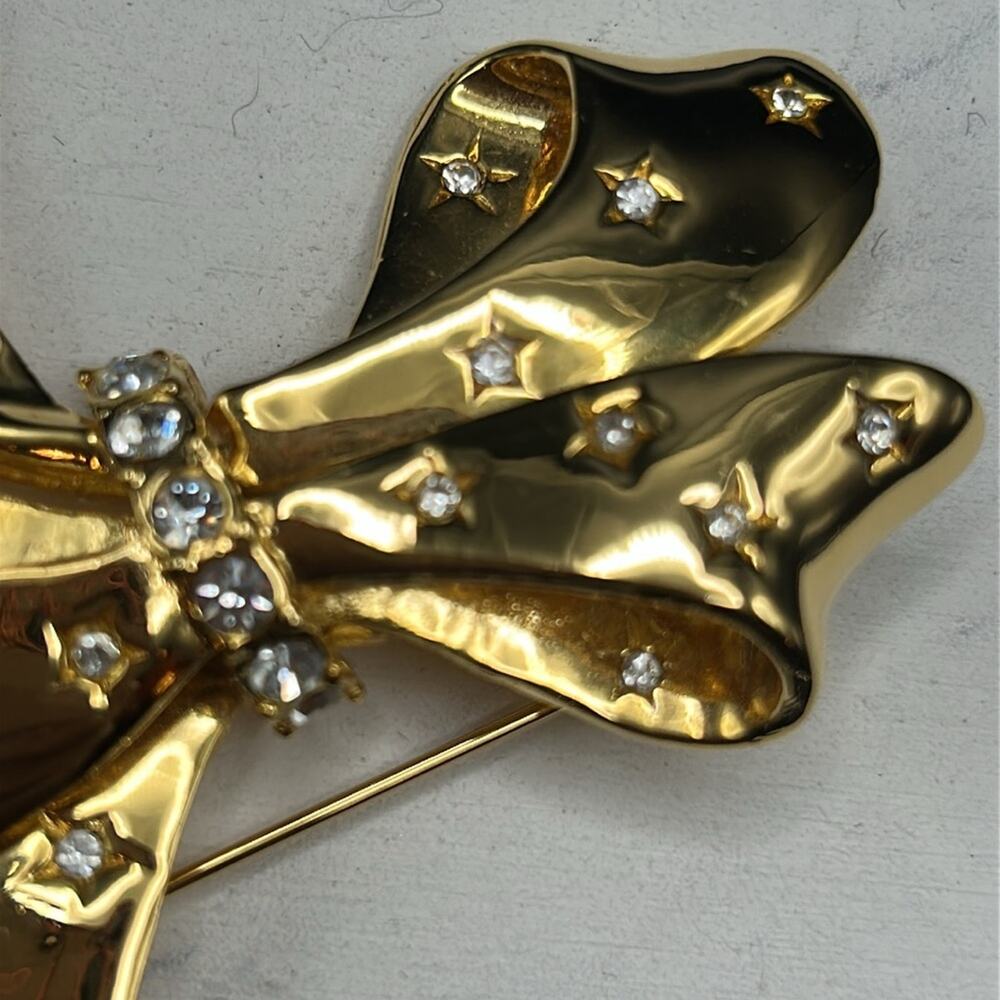 Joan Rivers Bow Ribbon Brooch Pin Gold tone Star Rhinestones #533 - Picture 5 of 8